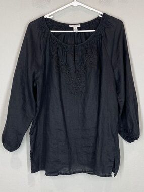Charter Club Woman Linen Top Black Plus 14W Pullover Embroidered